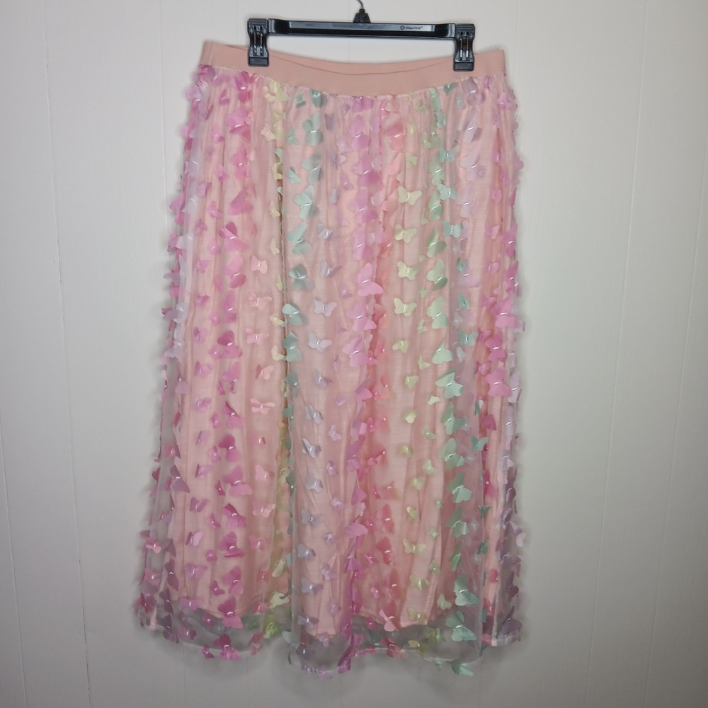 Umgee Midi Skirt Womens Size XL Pink Rainbow Butterfly Magic Fairy Pull On NWT